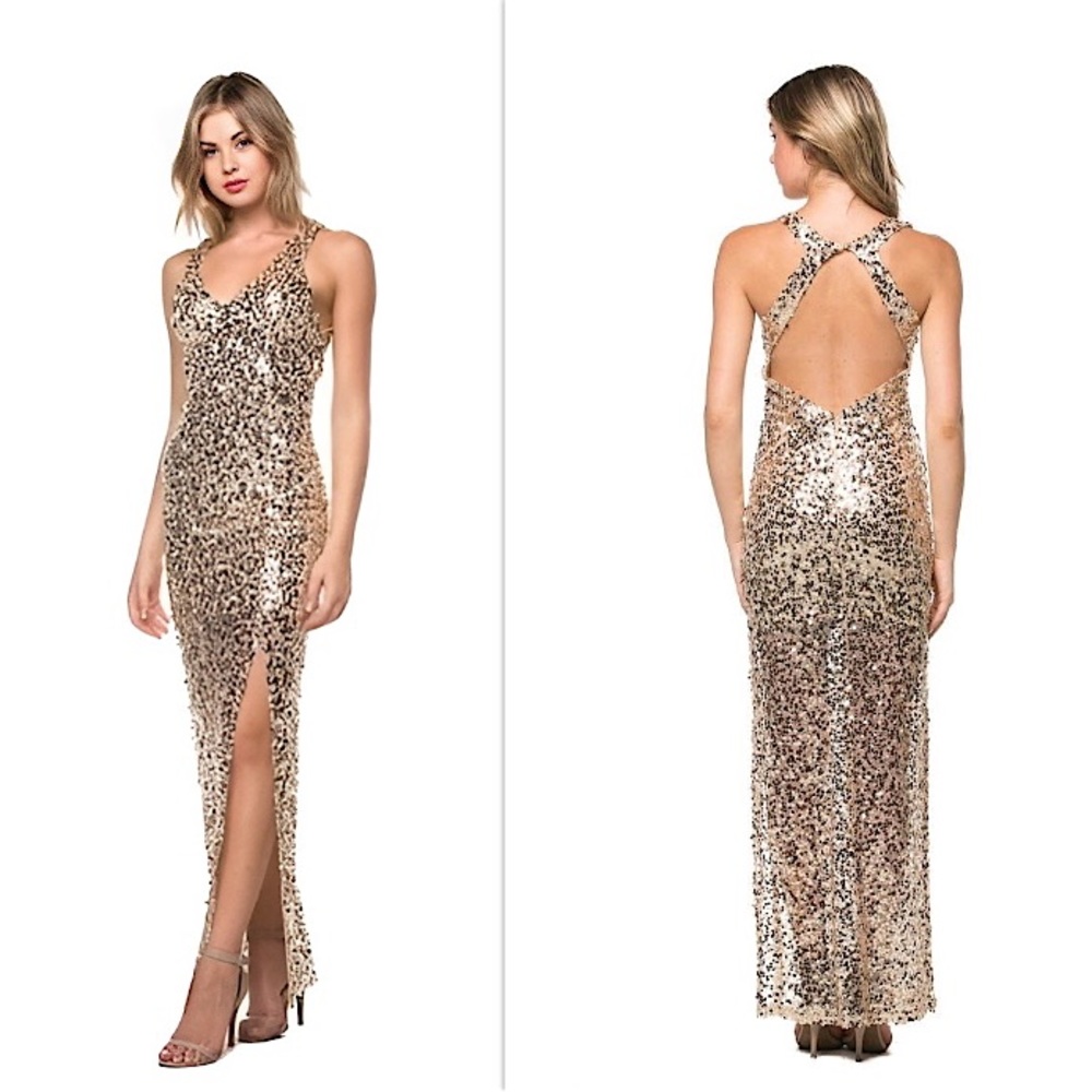 DESIGNER #111 Gold Glitter Sequin Gown Long Maxi Dress SMALL